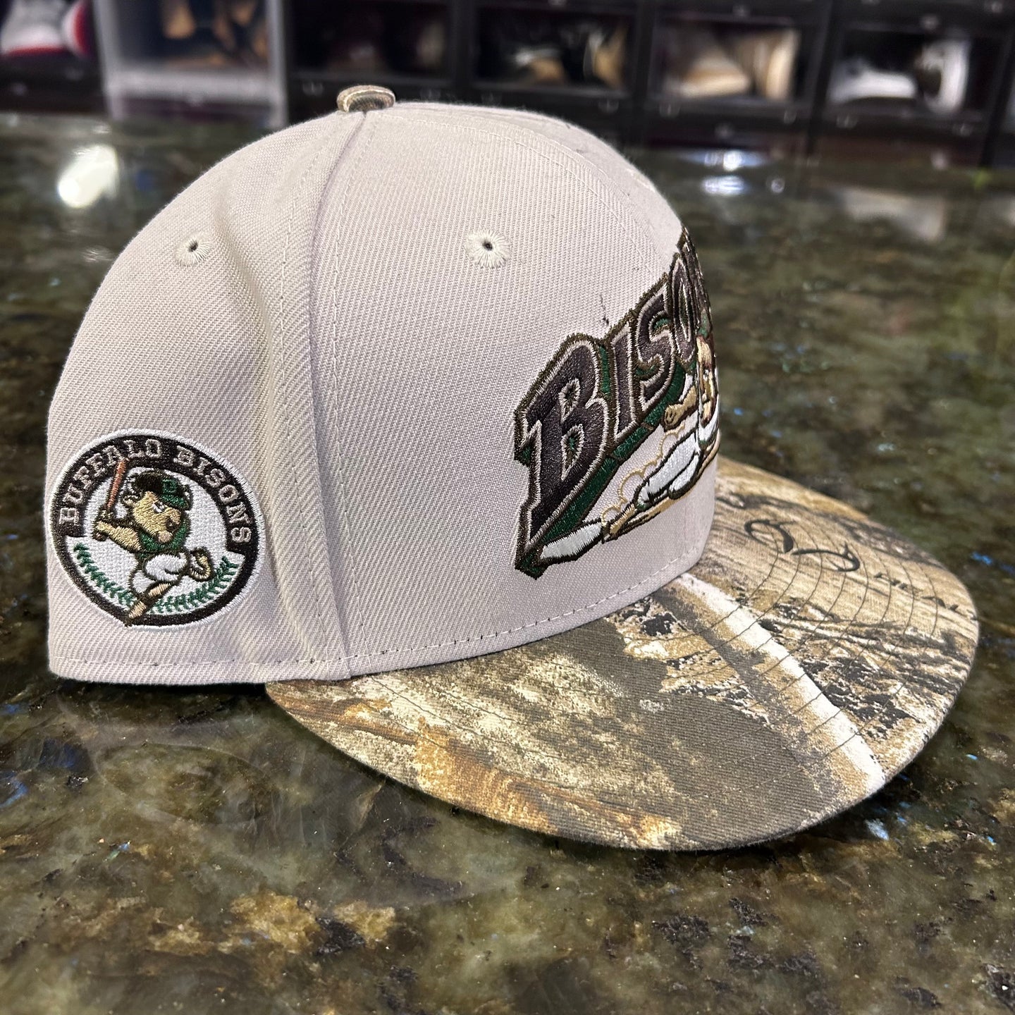 Bison x teal tree camo fitted caps