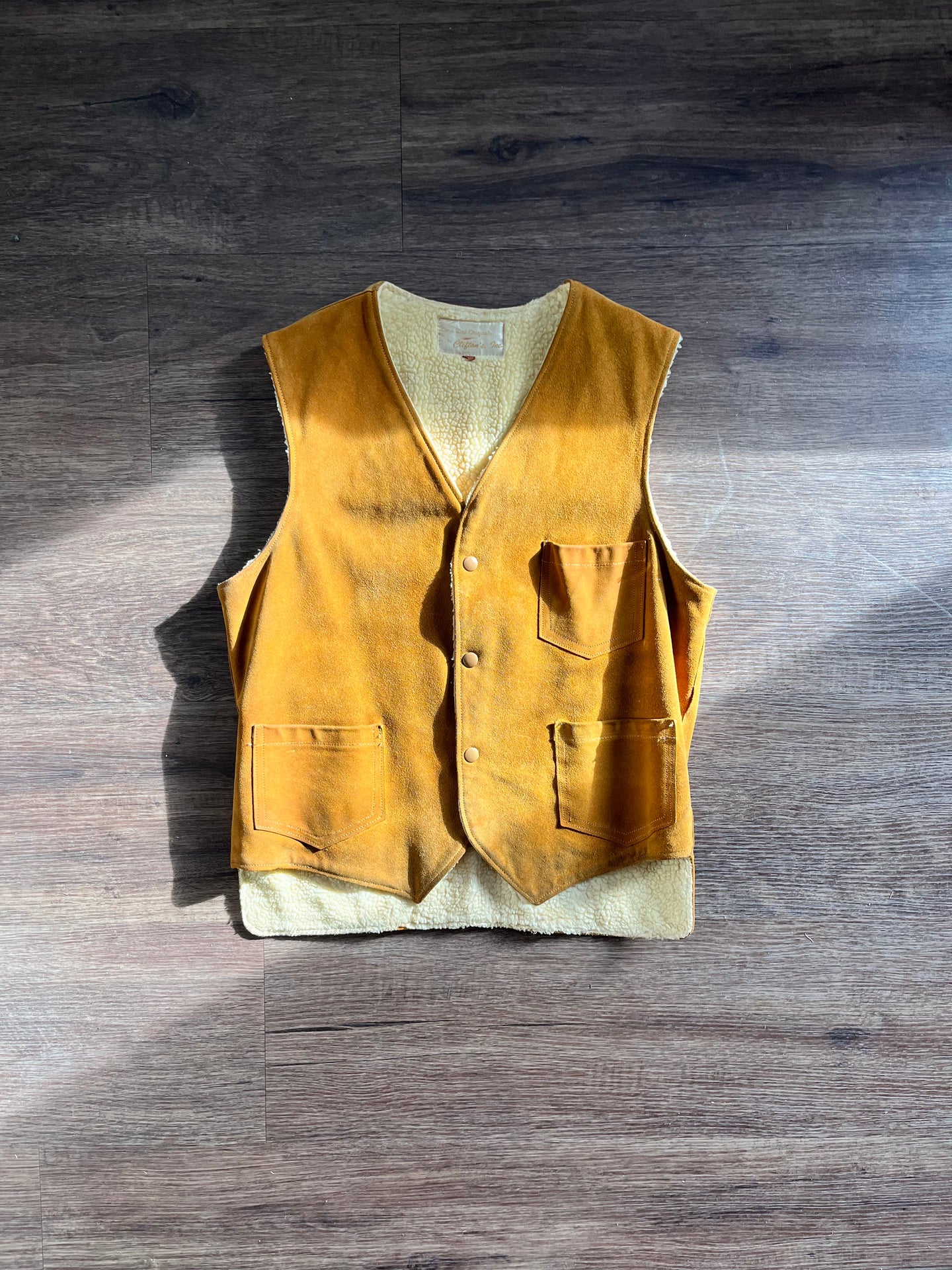 1970s Chris Line Originals by Clifton’s Inc Sherpa Lined Leather Vest